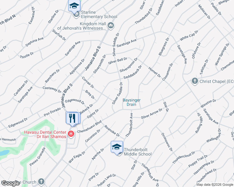 map of restaurants, bars, coffee shops, grocery stores, and more near 3041 Silver Saddle Drive in Lake Havasu City