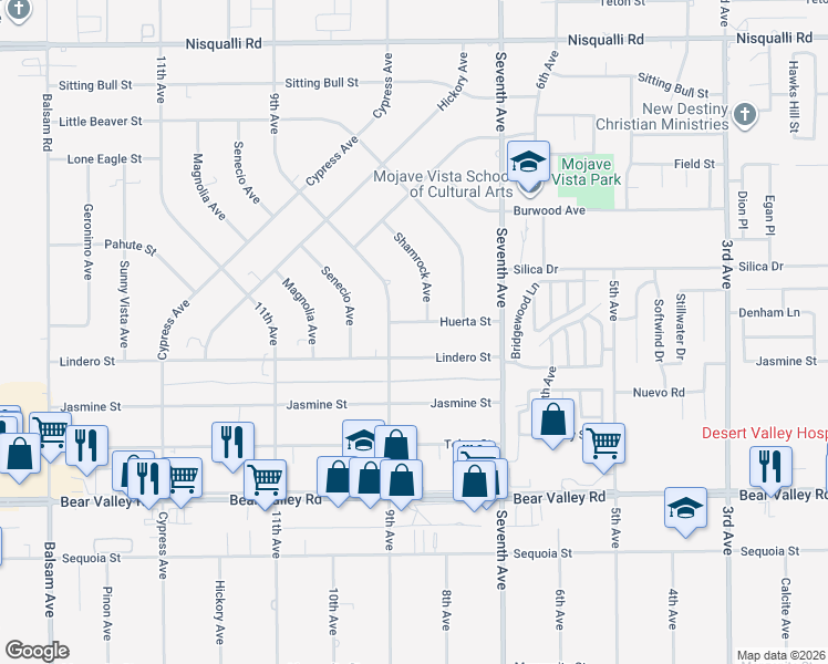 map of restaurants, bars, coffee shops, grocery stores, and more near 15941 Huerta Street in Victorville