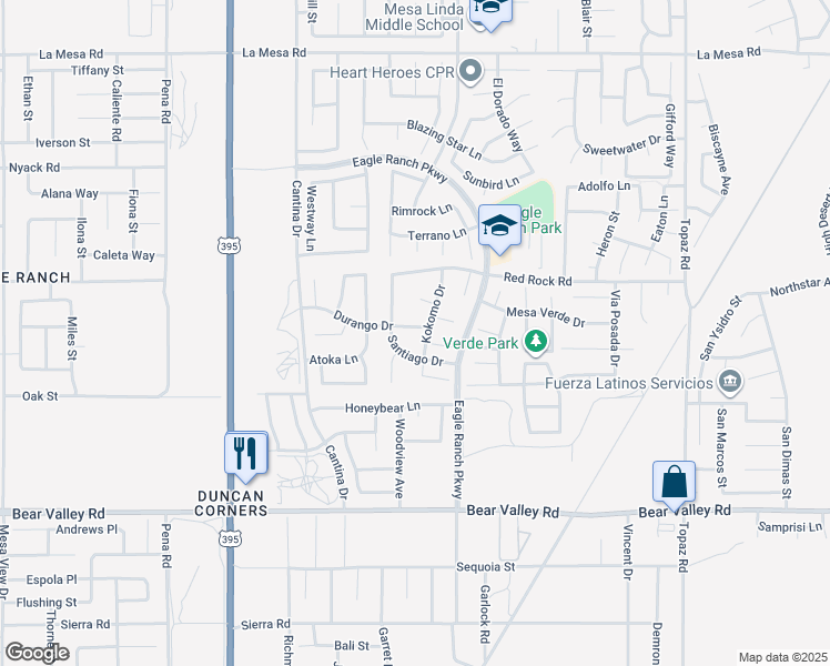 map of restaurants, bars, coffee shops, grocery stores, and more near 12425 Durango Drive in Victorville