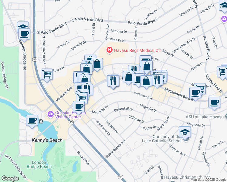 map of restaurants, bars, coffee shops, grocery stores, and more near 1850 McCulloch Boulevard North in Lake Havasu City