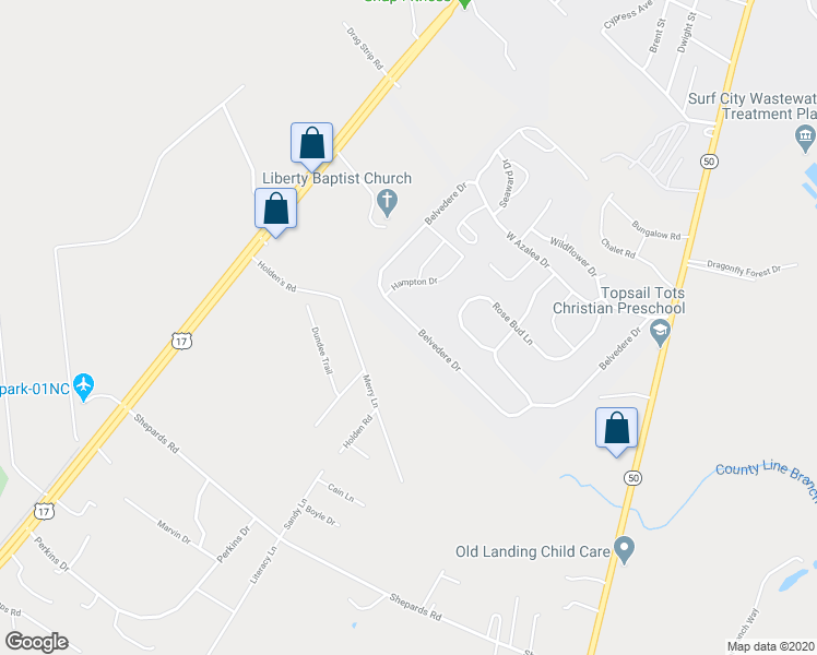map of restaurants, bars, coffee shops, grocery stores, and more near 303 Belvedere Drive in Holly Ridge