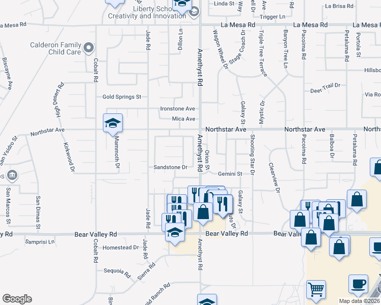 map of restaurants, bars, coffee shops, grocery stores, and more near 12404 Emeraldstone Drive in Victorville