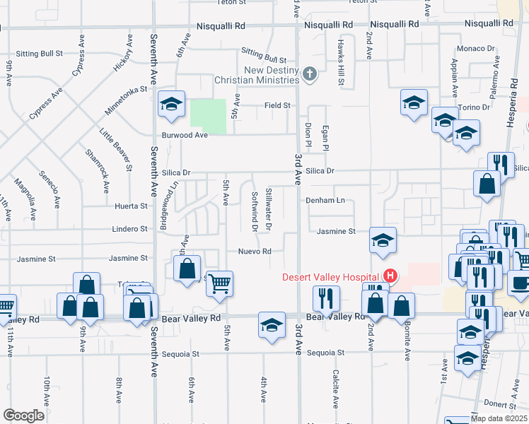 map of restaurants, bars, coffee shops, grocery stores, and more near 12390 Stillwater Drive in Victorville