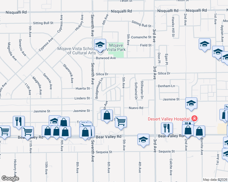 map of restaurants, bars, coffee shops, grocery stores, and more near 12382 Glenwood Lane in Victorville