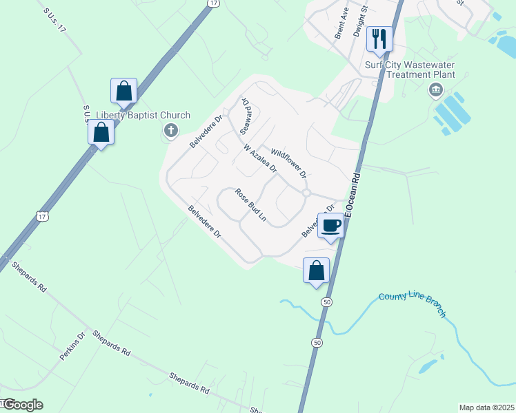 map of restaurants, bars, coffee shops, grocery stores, and more near 353 Rose Bud Lane in Holly Ridge