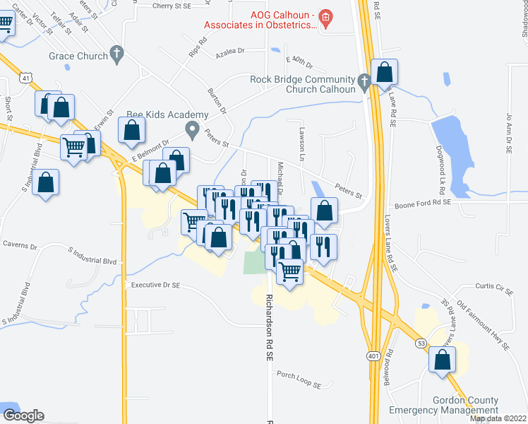 map of restaurants, bars, coffee shops, grocery stores, and more near 201 Richardson Road in Calhoun