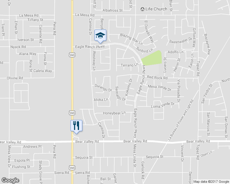 map of restaurants, bars, coffee shops, grocery stores, and more near 12414 Santiago Drive in Victorville
