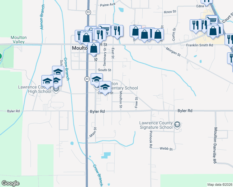 map of restaurants, bars, coffee shops, grocery stores, and more near 850 College Street in Moulton