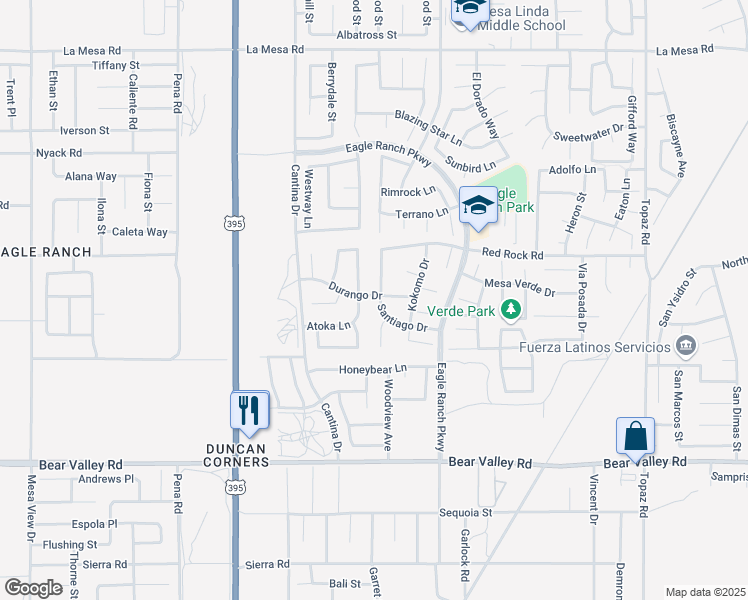 map of restaurants, bars, coffee shops, grocery stores, and more near 12414 Santiago Drive in Victorville