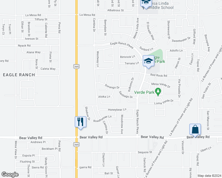 map of restaurants, bars, coffee shops, grocery stores, and more near 12414 Ravenna Lane in Victorville