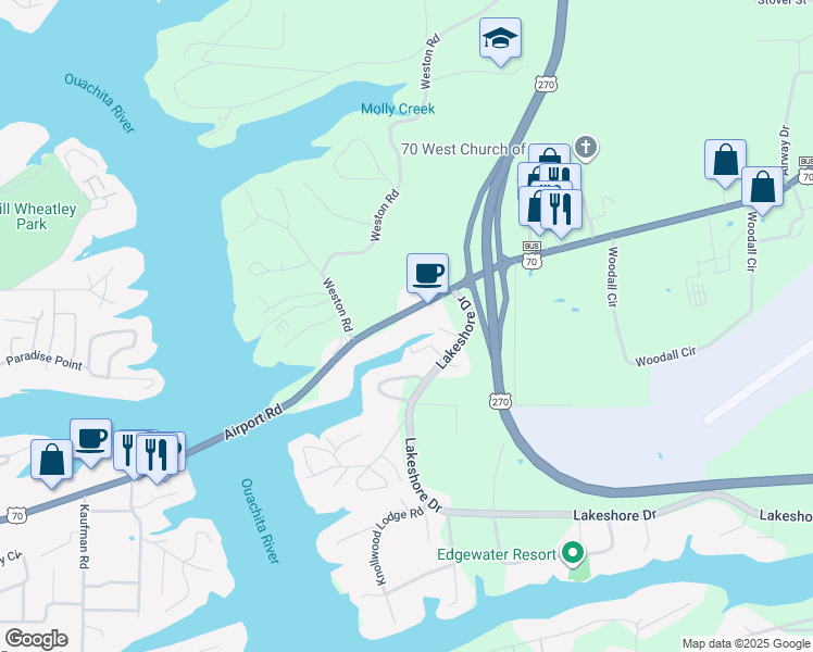map of restaurants, bars, coffee shops, grocery stores, and more near 1127 Airport Road in Hot Springs