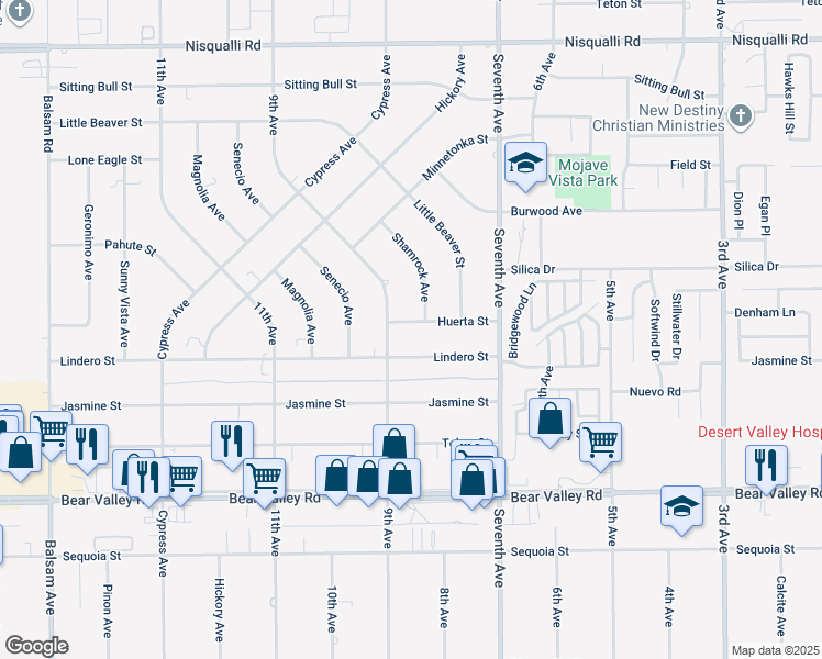 map of restaurants, bars, coffee shops, grocery stores, and more near 15941 Huerta Street in Victorville