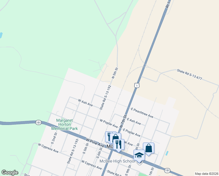map of restaurants, bars, coffee shops, grocery stores, and more near 214 State Road S-13-192 in McBee