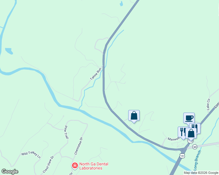 map of restaurants, bars, coffee shops, grocery stores, and more near 40 Chestatee Springs Road in Dahlonega