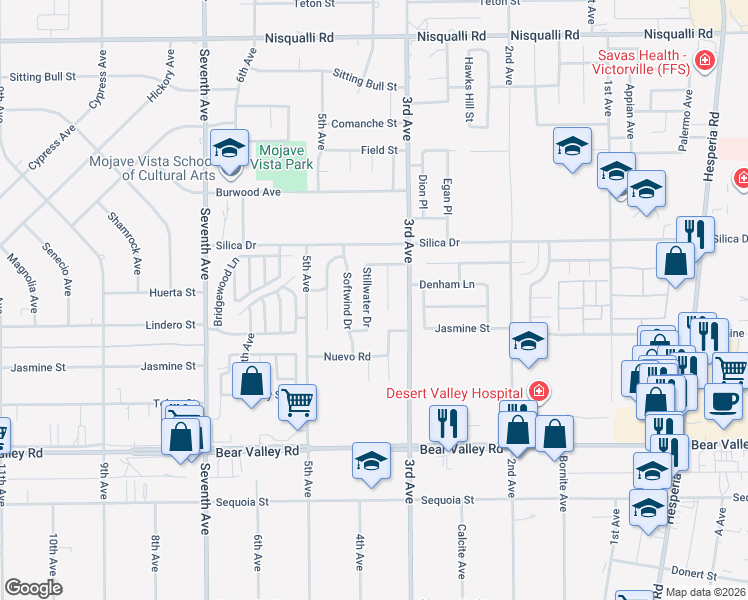 map of restaurants, bars, coffee shops, grocery stores, and more near 12395 Stillwater Drive in Victorville