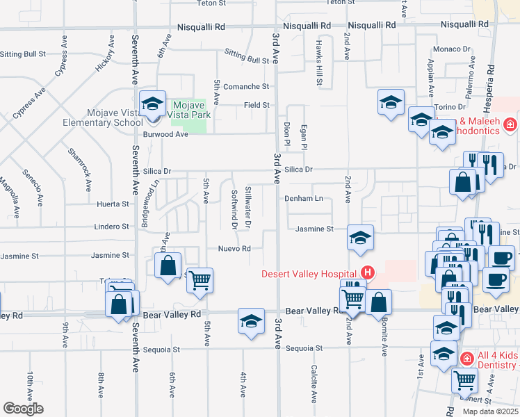 map of restaurants, bars, coffee shops, grocery stores, and more near 12392 Quanah Court in Victorville