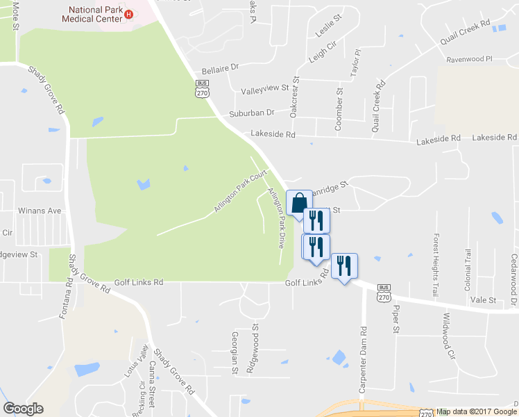 map of restaurants, bars, coffee shops, grocery stores, and more near 148 Arlington Park Terrace in Hot Springs