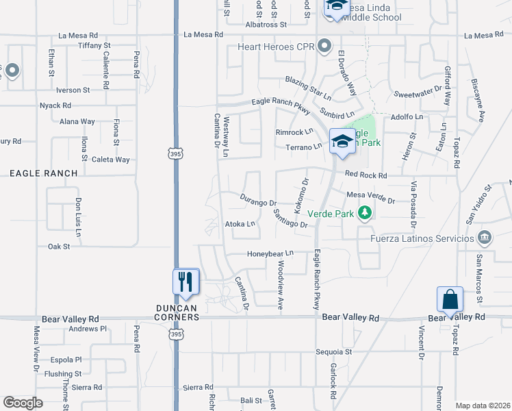 map of restaurants, bars, coffee shops, grocery stores, and more near 12414 Ravenna Lane in Victorville