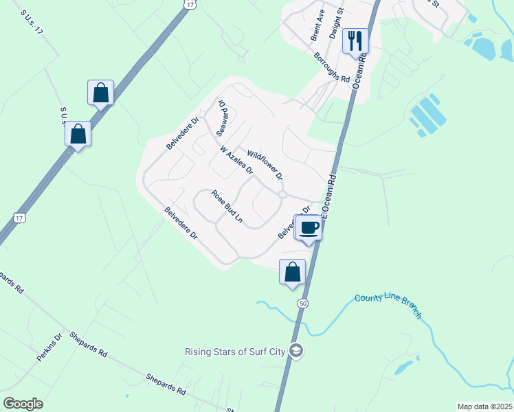 map of restaurants, bars, coffee shops, grocery stores, and more near 408 Amaryllis Lane in Holly Ridge
