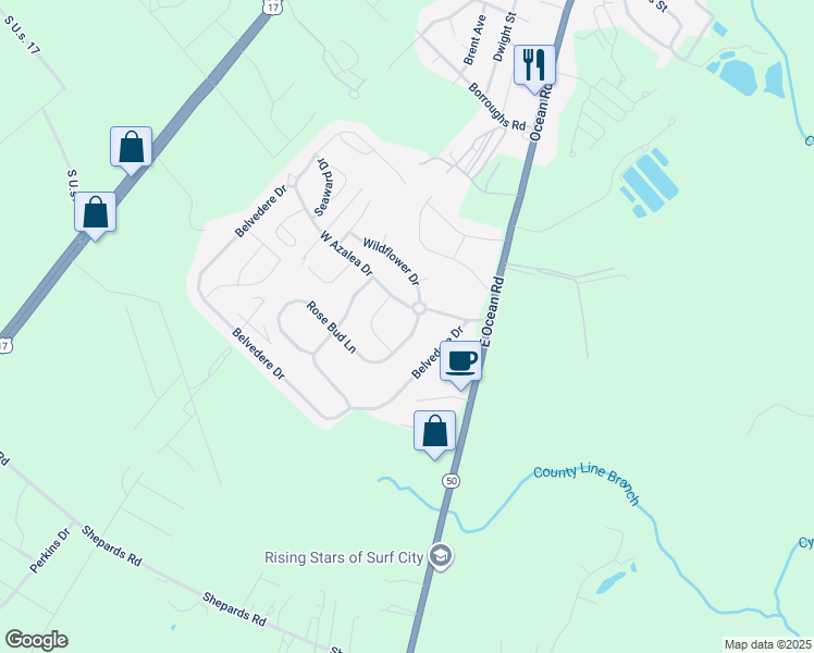 map of restaurants, bars, coffee shops, grocery stores, and more near 377 Rose Bud Lane in Holly Ridge