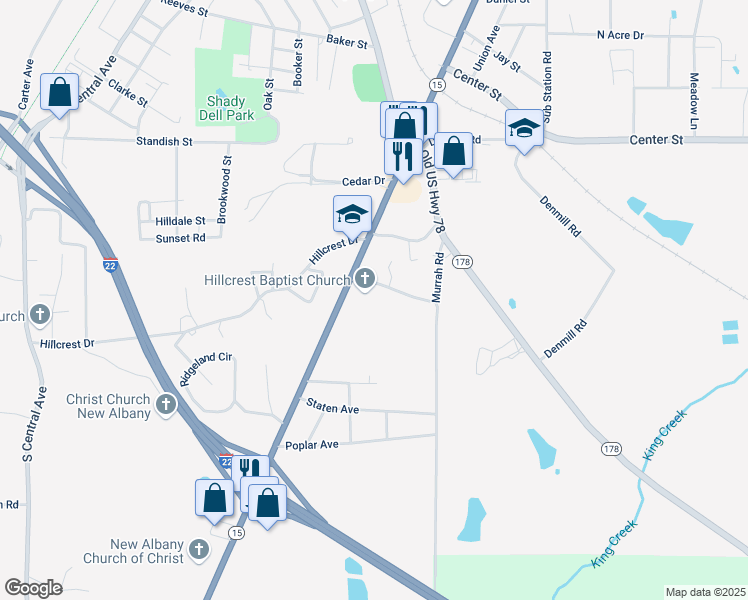 map of restaurants, bars, coffee shops, grocery stores, and more near 216 Mississippi 15 in New Albany