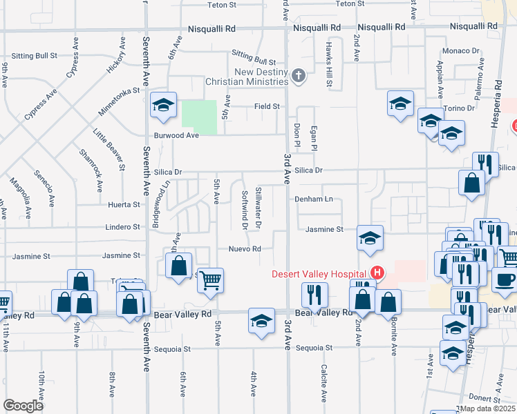 map of restaurants, bars, coffee shops, grocery stores, and more near 12390 Stillwater Drive in Victorville