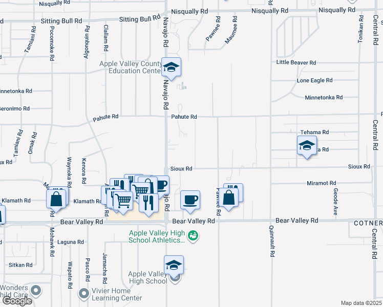 map of restaurants, bars, coffee shops, grocery stores, and more near 12358 Sioux Road in Apple Valley
