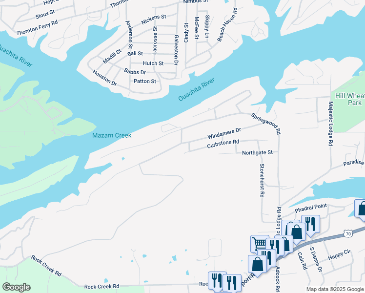 map of restaurants, bars, coffee shops, grocery stores, and more near 241 Windamere Drive in Hot Springs