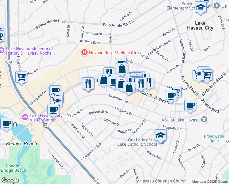map of restaurants, bars, coffee shops, grocery stores, and more near 1980 McCulloch Boulevard North in Lake Havasu City
