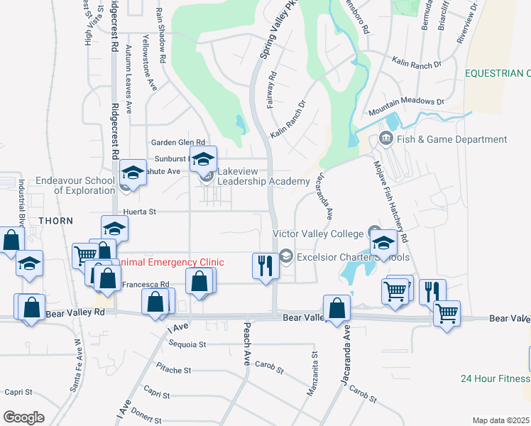 map of restaurants, bars, coffee shops, grocery stores, and more near Huerta Street in Victorville