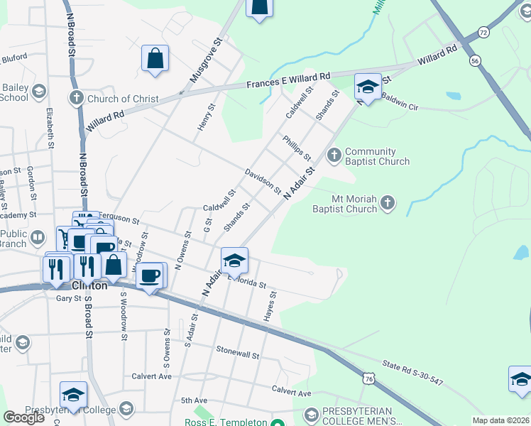map of restaurants, bars, coffee shops, grocery stores, and more near 321 North Adair Street in Clinton