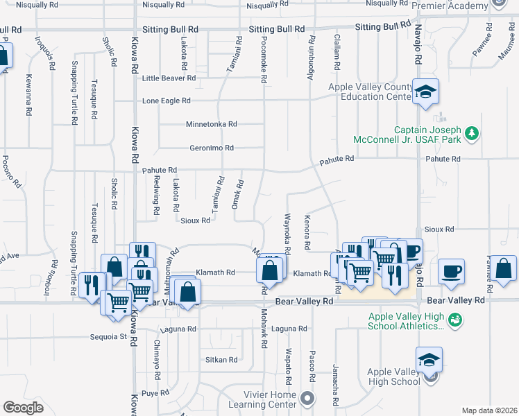map of restaurants, bars, coffee shops, grocery stores, and more near 12363 Pocomoke Road in Apple Valley
