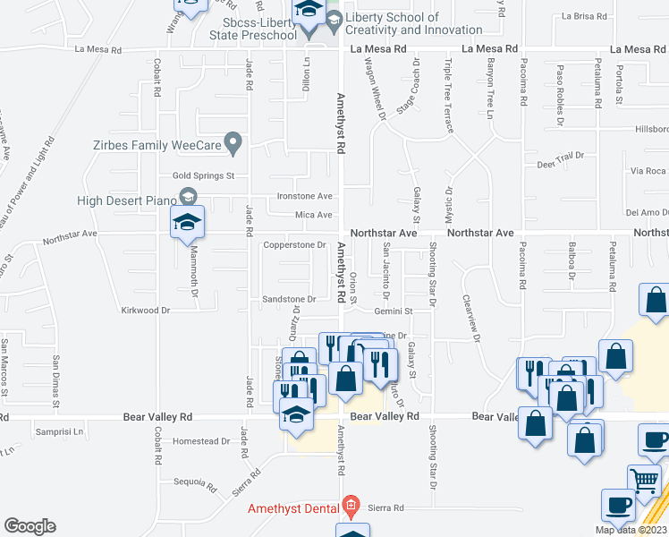 map of restaurants, bars, coffee shops, grocery stores, and more near 12411 Emeraldstone Drive in Victorville