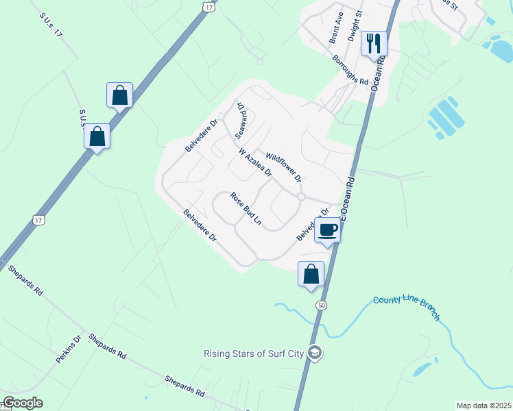 map of restaurants, bars, coffee shops, grocery stores, and more near 230 Red Carnation Drive in Holly Ridge