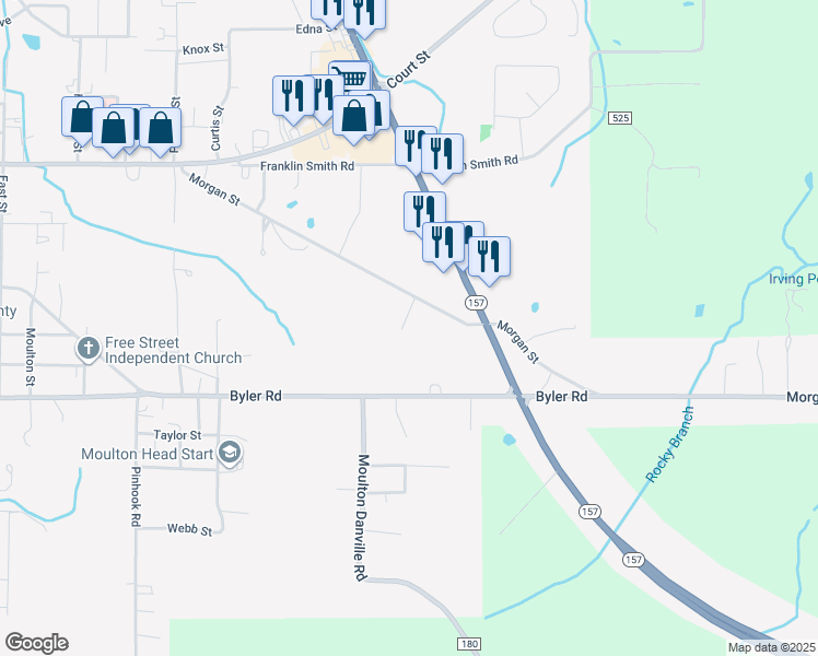 map of restaurants, bars, coffee shops, grocery stores, and more near 115 Pickens Avenue in Moulton