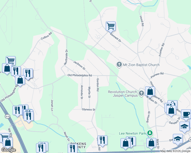 map of restaurants, bars, coffee shops, grocery stores, and more near 753 Gordon Road in Jasper