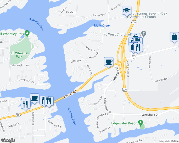 map of restaurants, bars, coffee shops, grocery stores, and more near 740 Weston Road in Hot Springs
