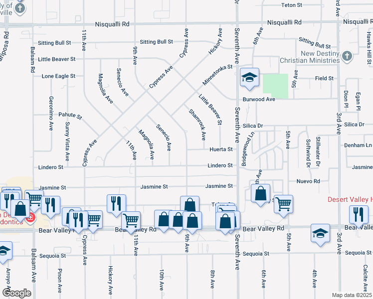 map of restaurants, bars, coffee shops, grocery stores, and more near Huerta Street in Victorville