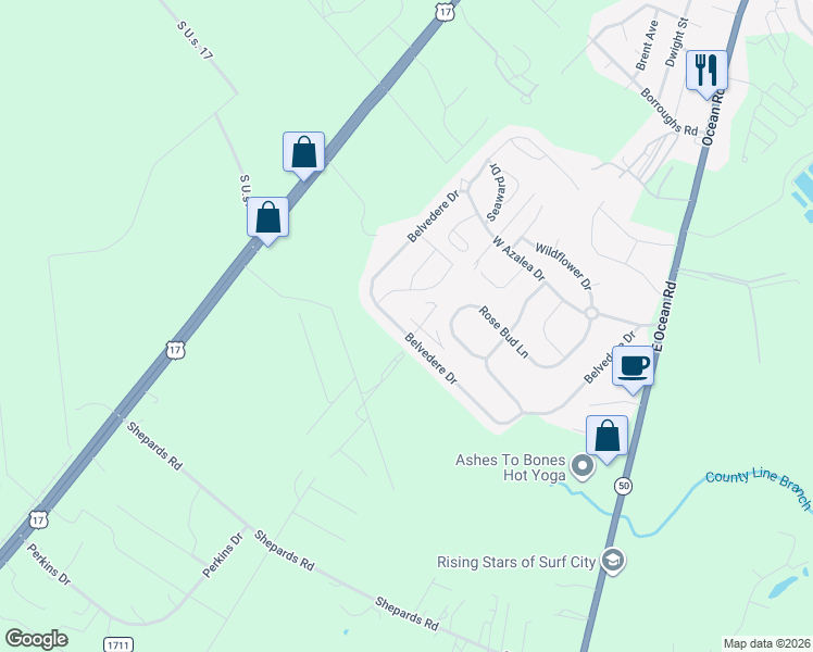 map of restaurants, bars, coffee shops, grocery stores, and more near 303 Belvedere Drive in Holly Ridge