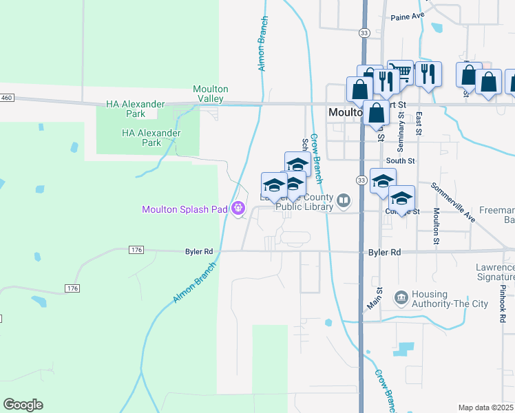 map of restaurants, bars, coffee shops, grocery stores, and more near 102 College Street in Moulton