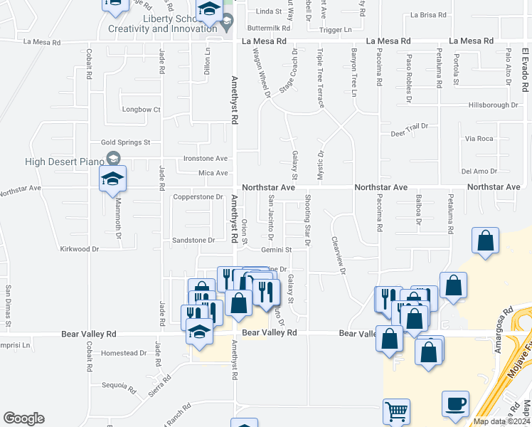 map of restaurants, bars, coffee shops, grocery stores, and more near 12432 San Jacinto Drive in Victorville