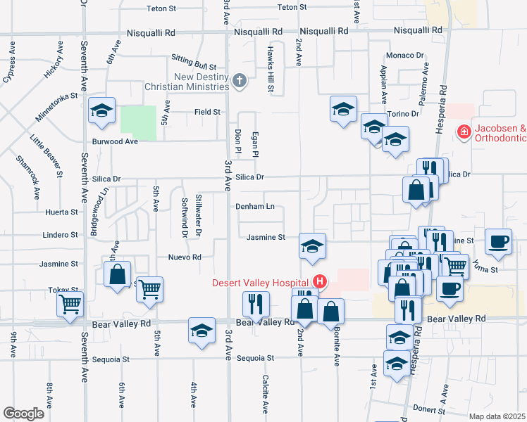 map of restaurants, bars, coffee shops, grocery stores, and more near 16557 Denham Lane in Victorville