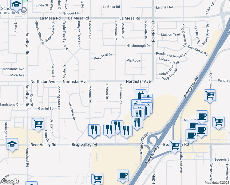 map of restaurants, bars, coffee shops, grocery stores, and more near 14235 Calle Contesa in Victorville