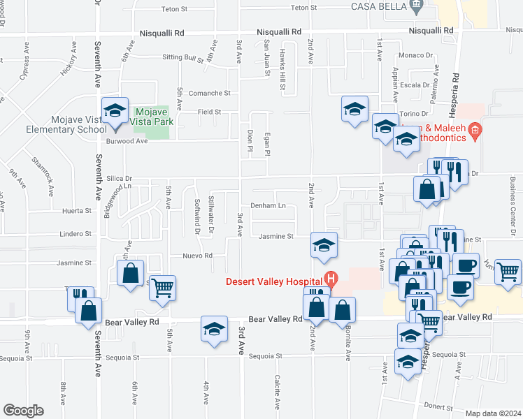 map of restaurants, bars, coffee shops, grocery stores, and more near 16557 Denham Lane in Victorville