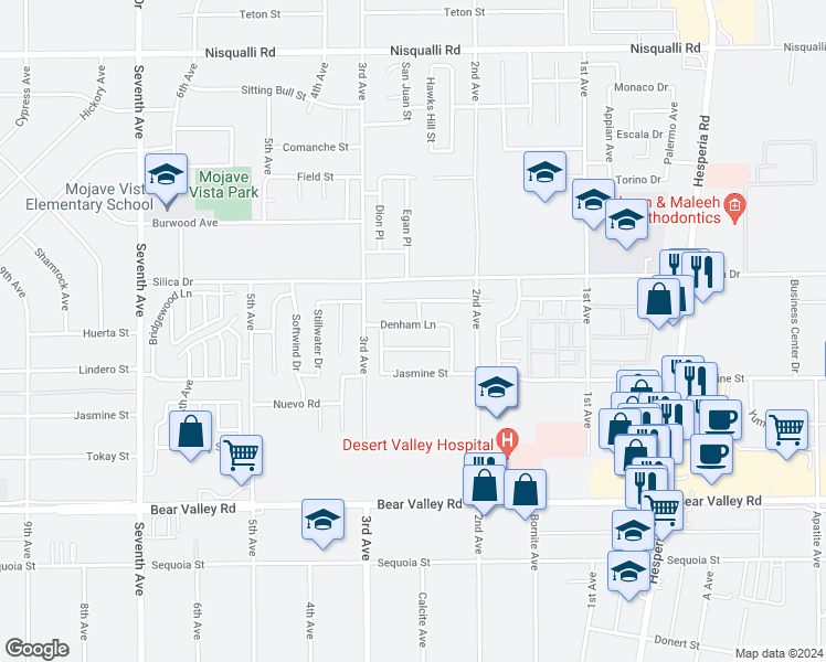 map of restaurants, bars, coffee shops, grocery stores, and more near 16585 Denham Lane in Victorville