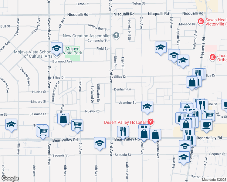 map of restaurants, bars, coffee shops, grocery stores, and more near 12406 Pismo Lane in Victorville