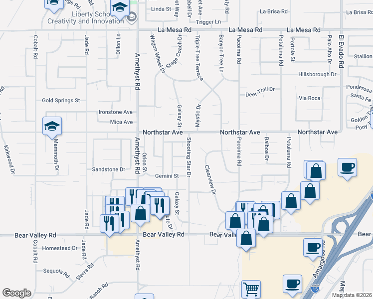 map of restaurants, bars, coffee shops, grocery stores, and more near 12441 San Gorgonio Road in Victorville