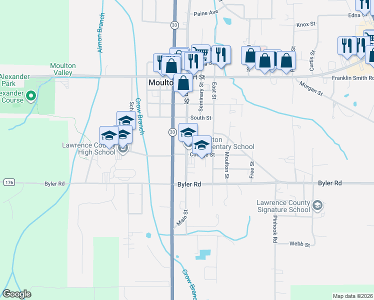 map of restaurants, bars, coffee shops, grocery stores, and more near 412 Main St in Moulton