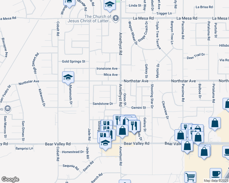 map of restaurants, bars, coffee shops, grocery stores, and more near 12432 Emeraldstone Drive in Victorville