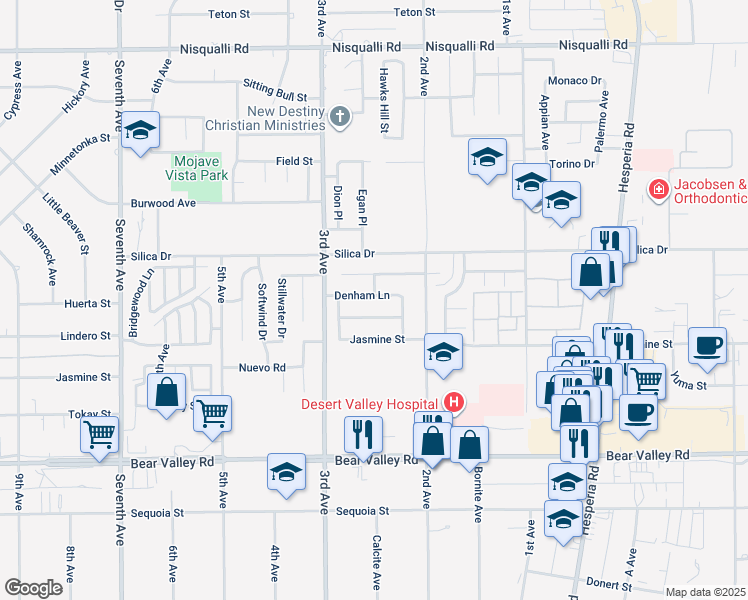 map of restaurants, bars, coffee shops, grocery stores, and more near 16597 Denham Lane in Victorville